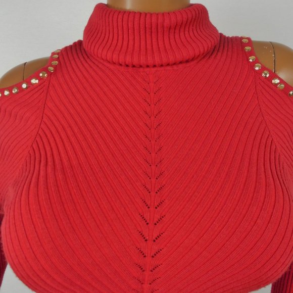 XOXO Red Sweater XL Cold Shoulder Gold Studs Stretch Ribbed Knit Casual Party - Picture 6 of 10